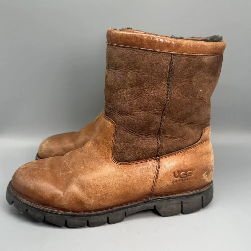 UGG Beacon 5485 Mens 12 Brown Leather Lined Shearling Pull On Ankle Winter Boots